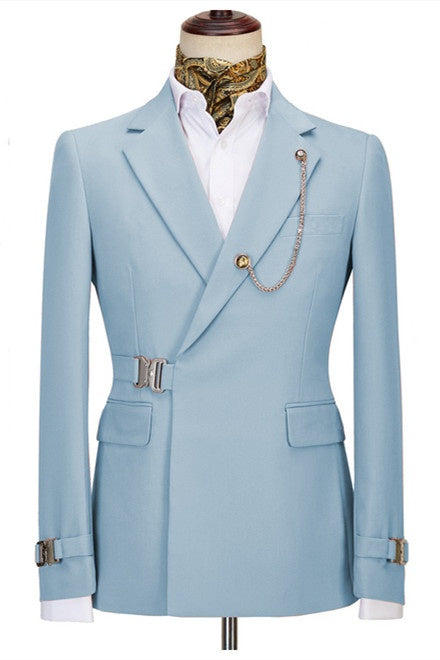Chic Sky Blue Notched Lapel Prom Suits With Metal Buckle