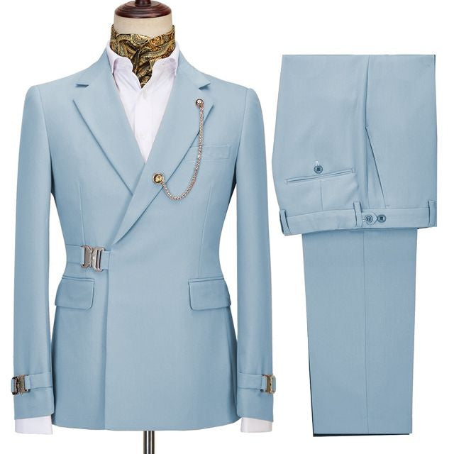 Chic Sky Blue Notched Lapel Prom Suits With Metal Buckle