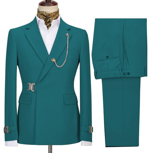 Charming Teal Notched Lapel Prom Suits With Metal Buckle