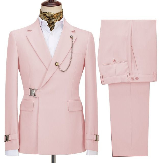 Gentle Pink Notched Lapel Prom Suits With Metal Buckle
