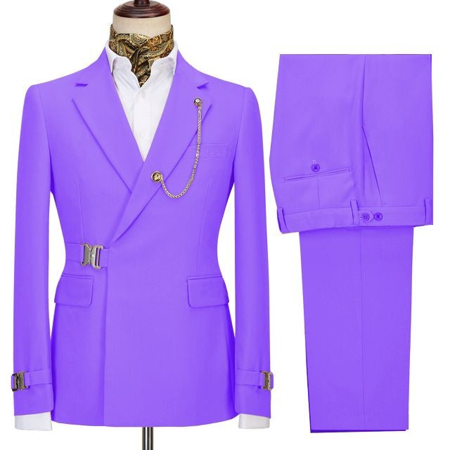Fashion Bright Purple Notched Lapel Prom Suits With Metal Buckle