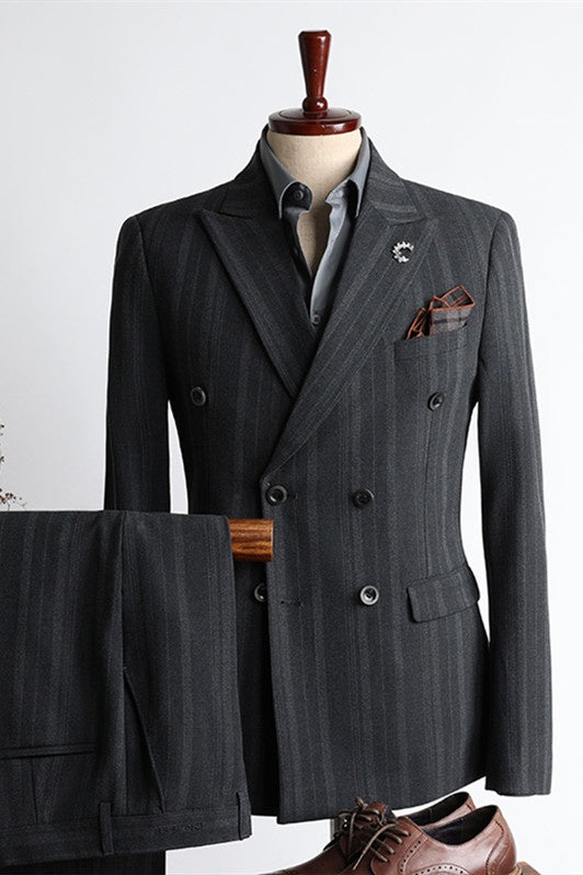 Formal Dark Gray Striped Double Breasted Business Men Suits