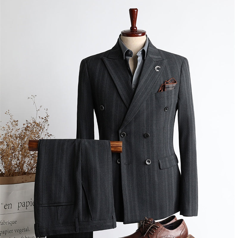 Formal Dark Gray Striped Double Breasted Business Men Suits