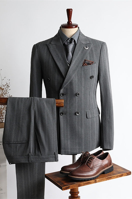 Classy Gray Striped Double Breasted Business Men Suits