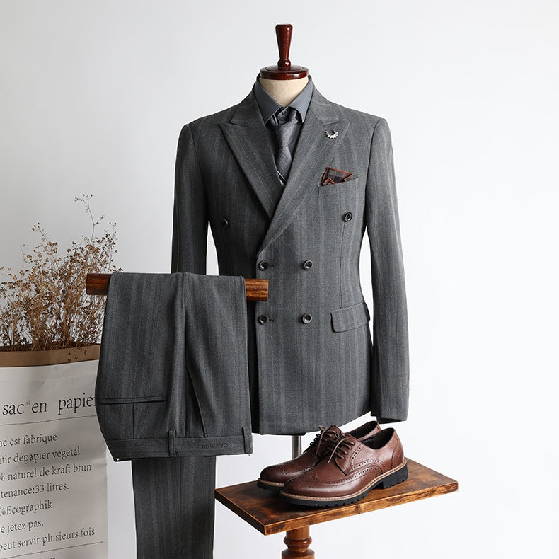 Classy Gray Striped Double Breasted Business Men Suits