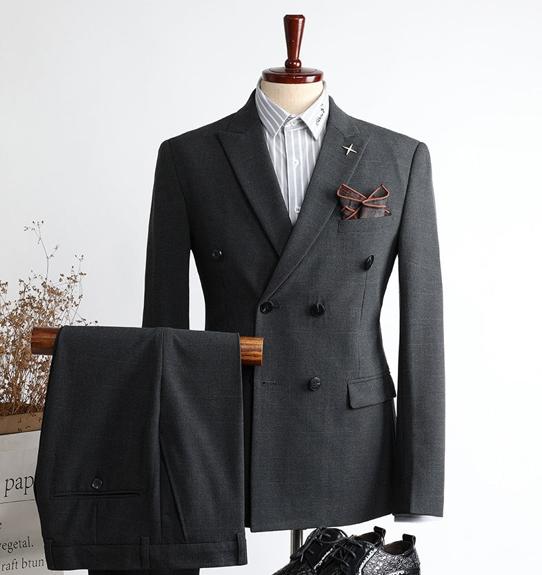 New In Dark Gray Peaked Lapel Double Breasted Business Men Suits