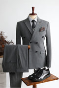 Modern Gray Peaked Lapel Double Breasted Business Suits
