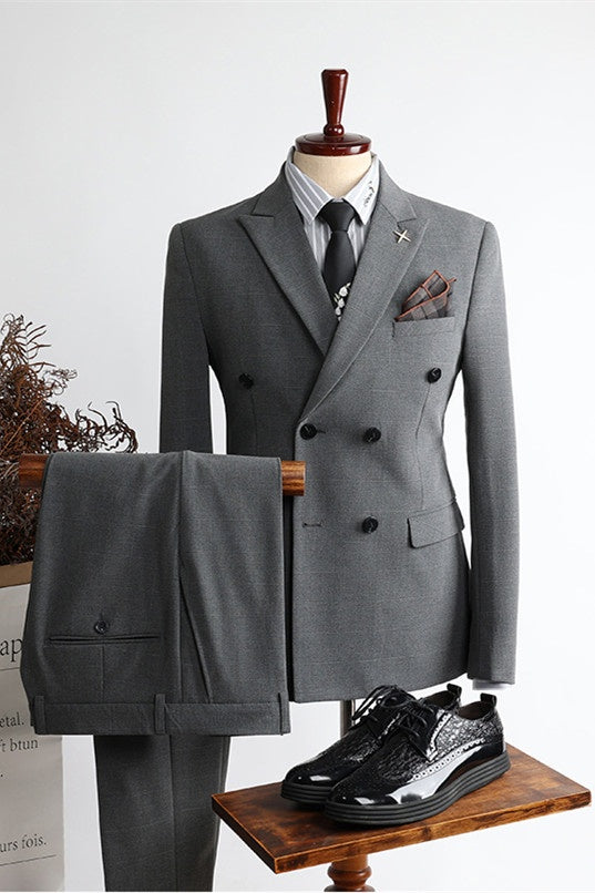 Modern Gray Peaked Lapel Double Breasted Business Suits
