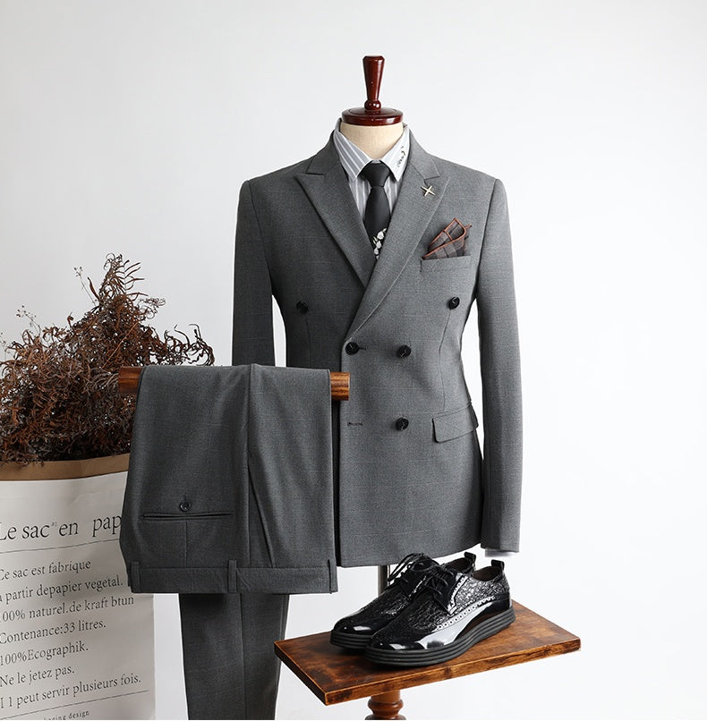 Modern Gray Peaked Lapel Double Breasted Business Suits