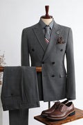 Newest Dark Gray Plaid Peaked Lapel Double Breasted Business Suits