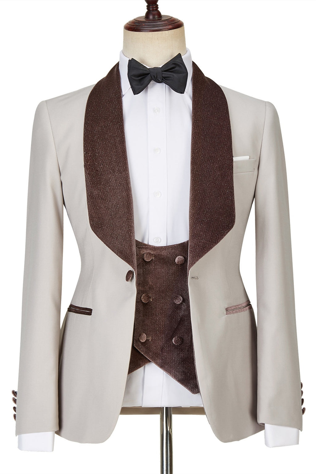Generous Light Champagne Three Pieces Men Suits With Brown Velvet Lapel