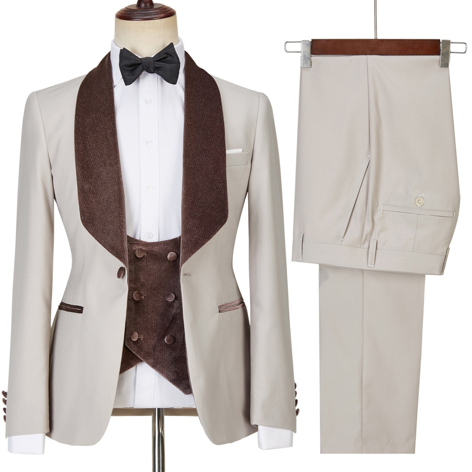 Generous Light Champagne Three Pieces Men Suits With Brown Velvet Lapel