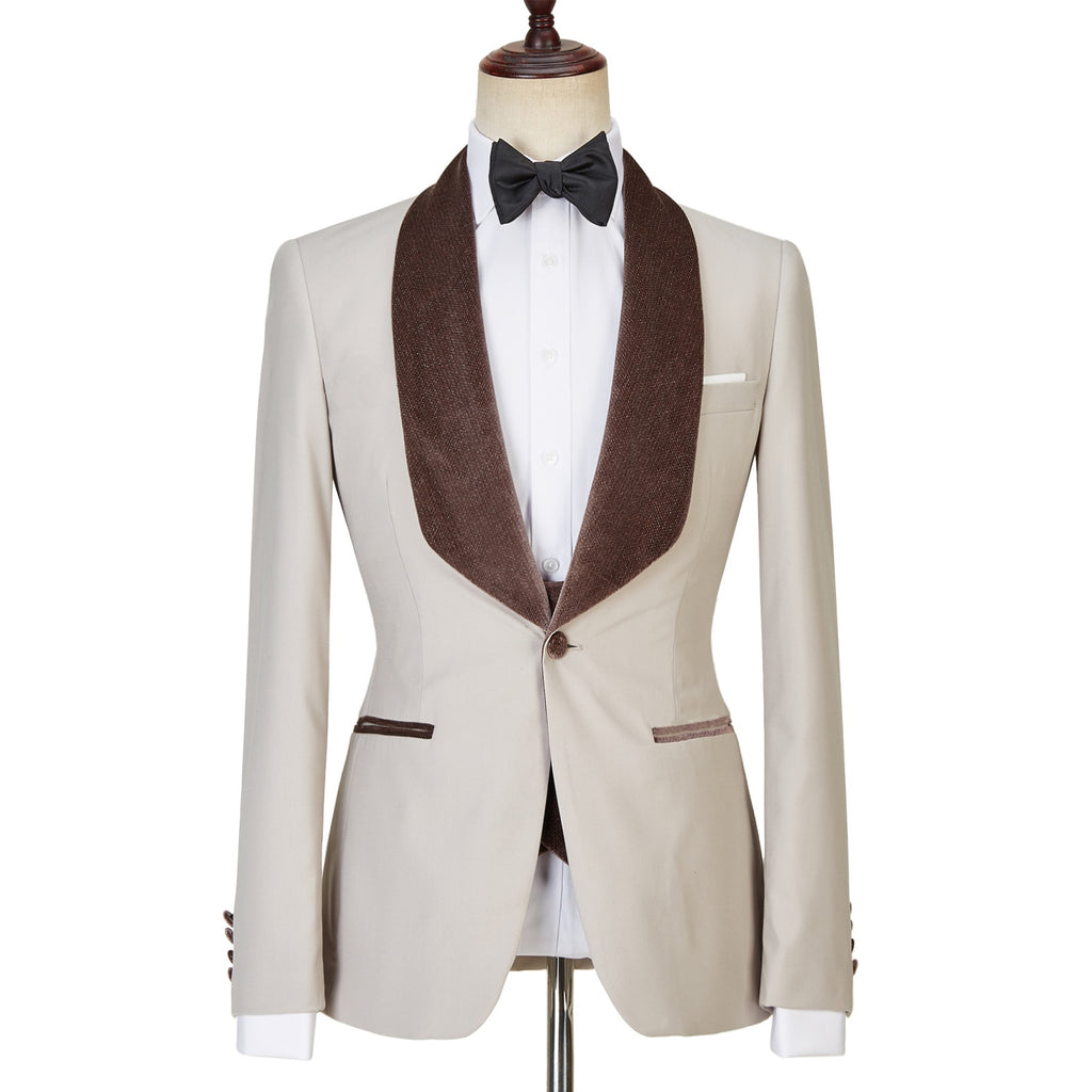 Generous Light Champagne Three Pieces Men Suits With Brown Velvet Lapel