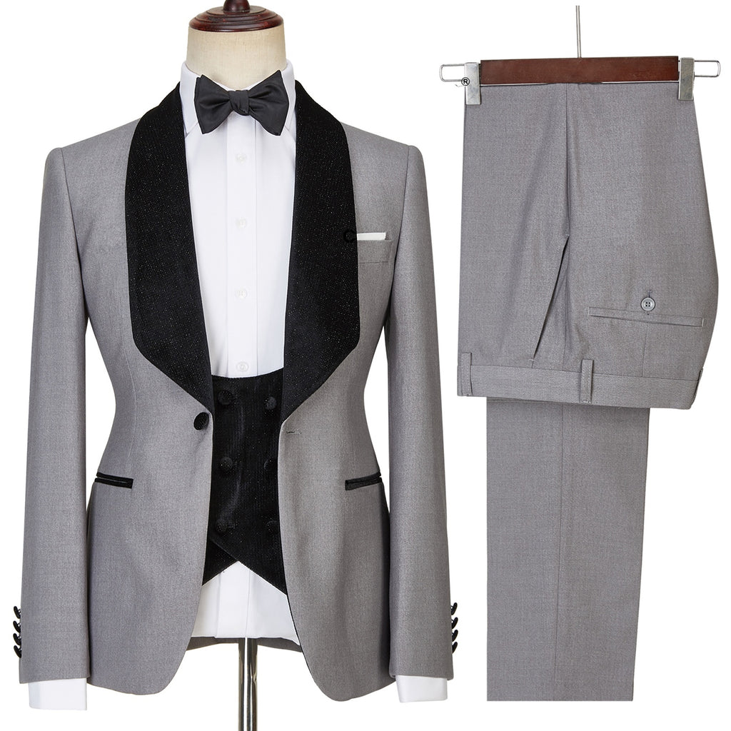 Classic Gray Three Pieces Shawl Lapel Men's Business Suits
