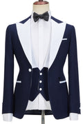 Stylish Navy Blue Peaked Lapel Slim Fit Three Pieces Men suits