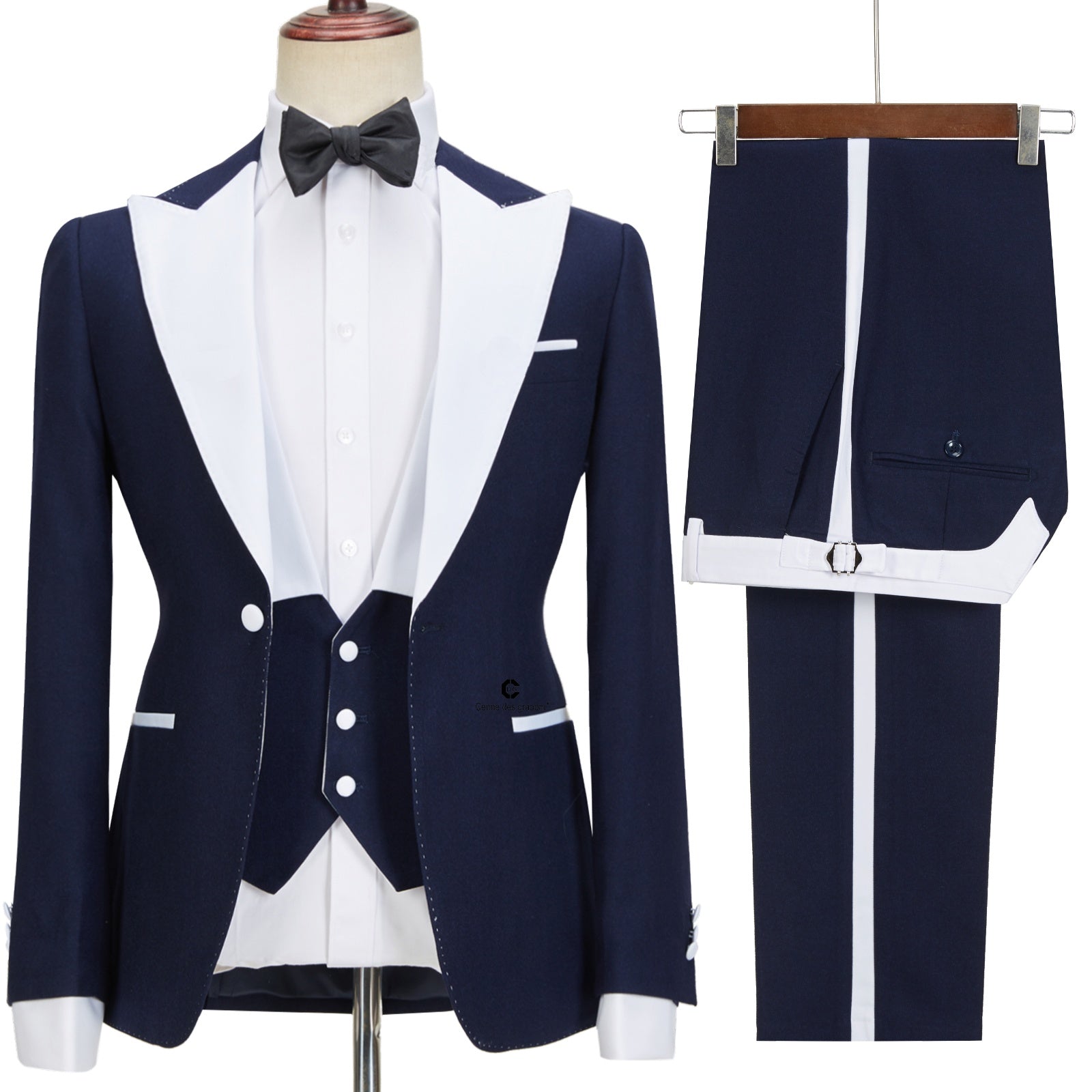 Stylish Navy Blue Peaked Lapel Slim Fit Three Pieces Men suits