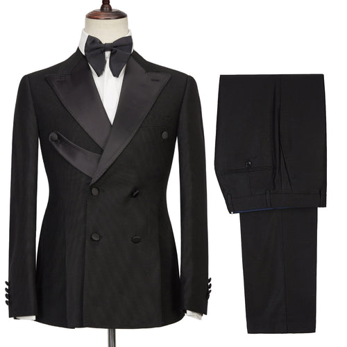 Bespoke Black Double Breasted Prom Suits With Satin Lapel