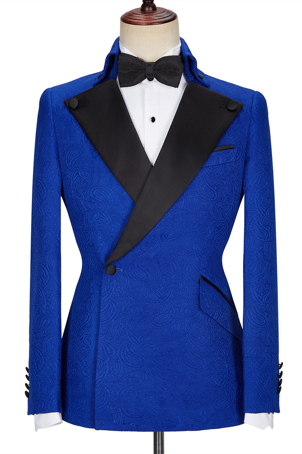 Modern Royal Blue Jacquard Prom Suits With Black Lapel