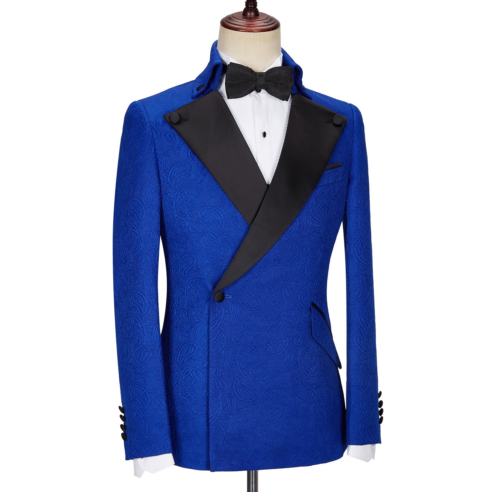 Modern Royal Blue Jacquard Prom Suits With Black Lapel