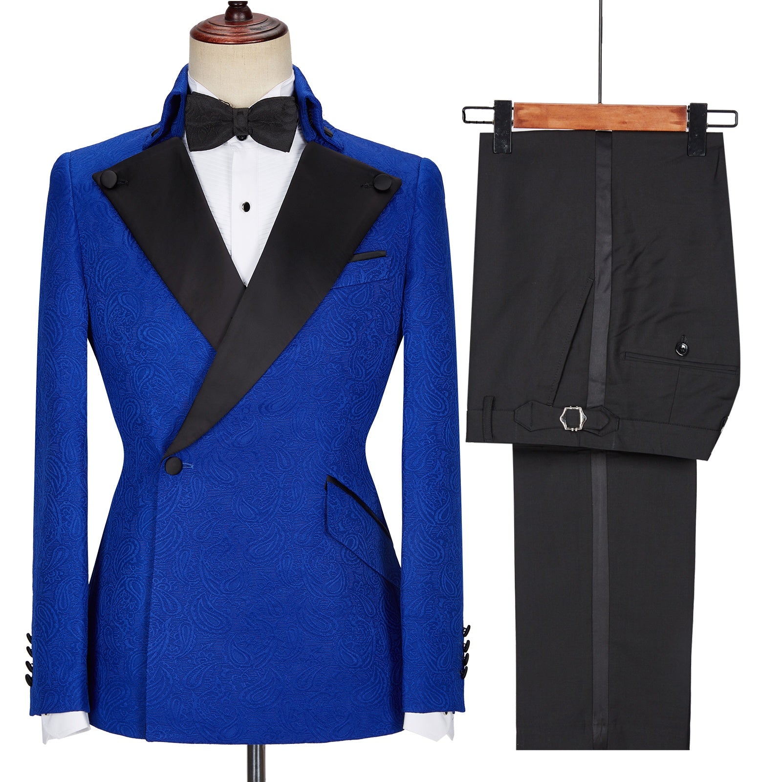 Modern Royal Blue Jacquard Prom Suits With Black Lapel
