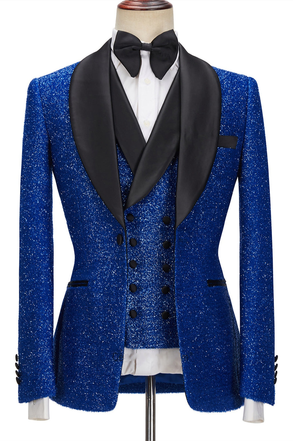 Shiny Royal Blue Three Pieces Sequins Prom Suits With Black Lapel