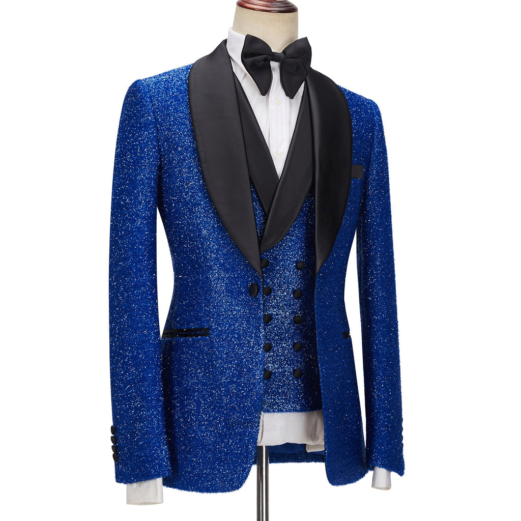 Shiny Royal Blue Three Pieces Sequins Prom Suits With Black Lapel