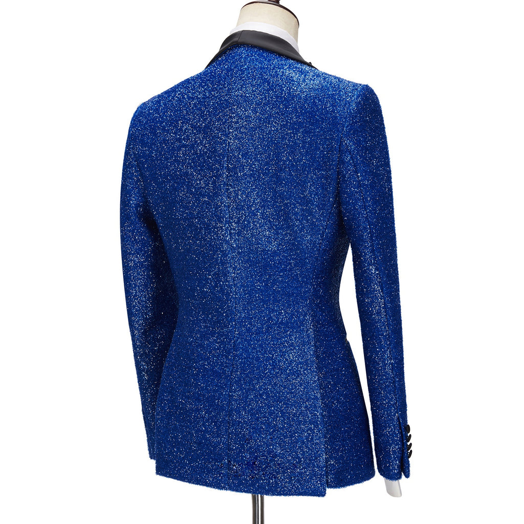 Shiny Royal Blue Three Pieces Sequins Prom Suits With Black Lapel
