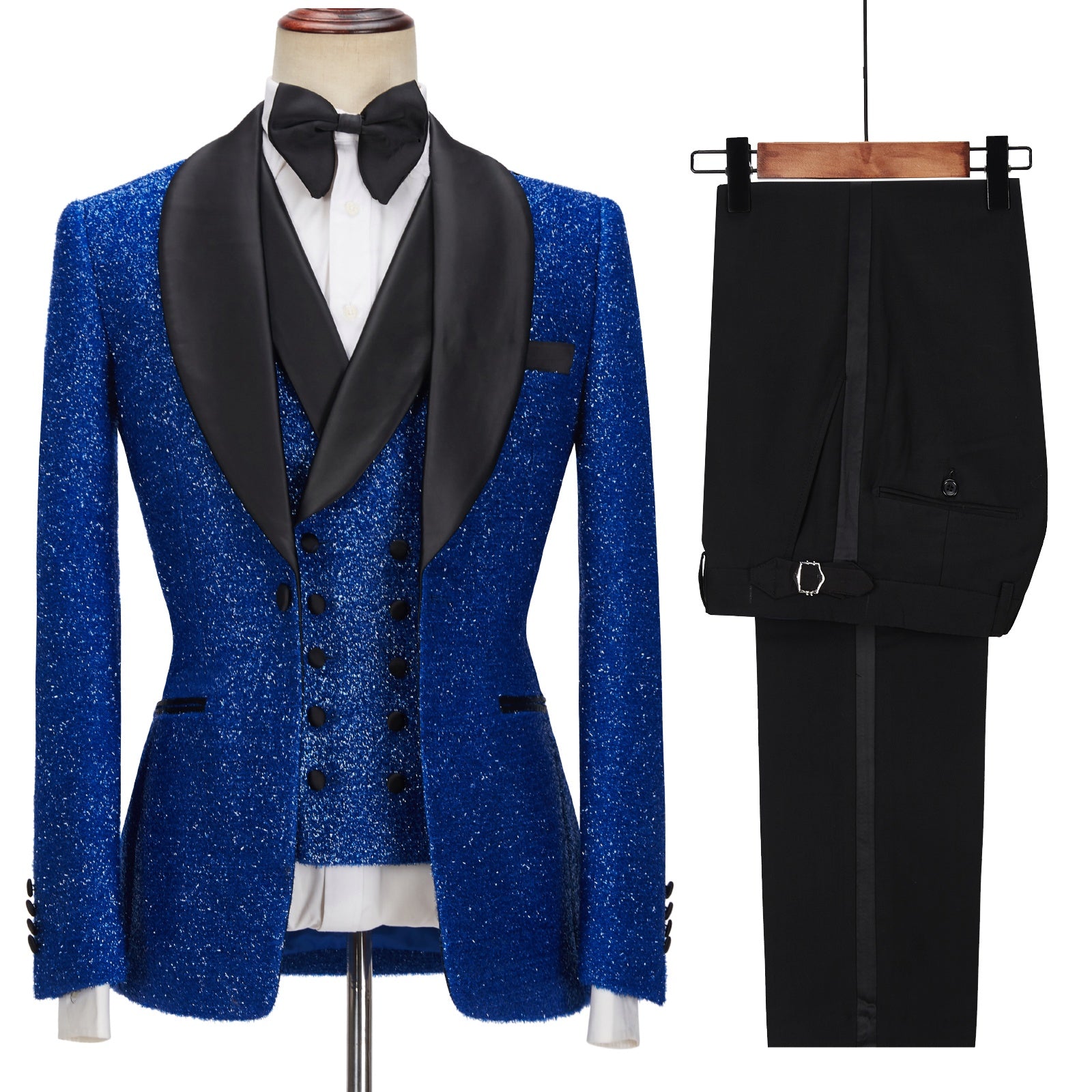 Shiny Royal Blue Three Pieces Sequins Prom Suits With Black Lapel