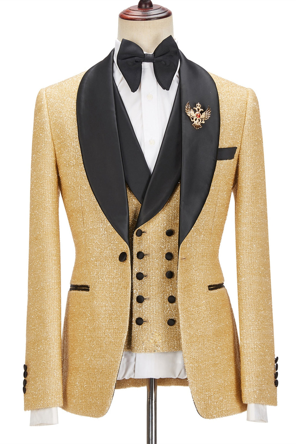 Glamorous Gold Three Pieces Sequins Prom Suits With Black Lapel