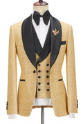 Glamorous Gold Three Pieces Sequins Prom Suits With Black Lapel