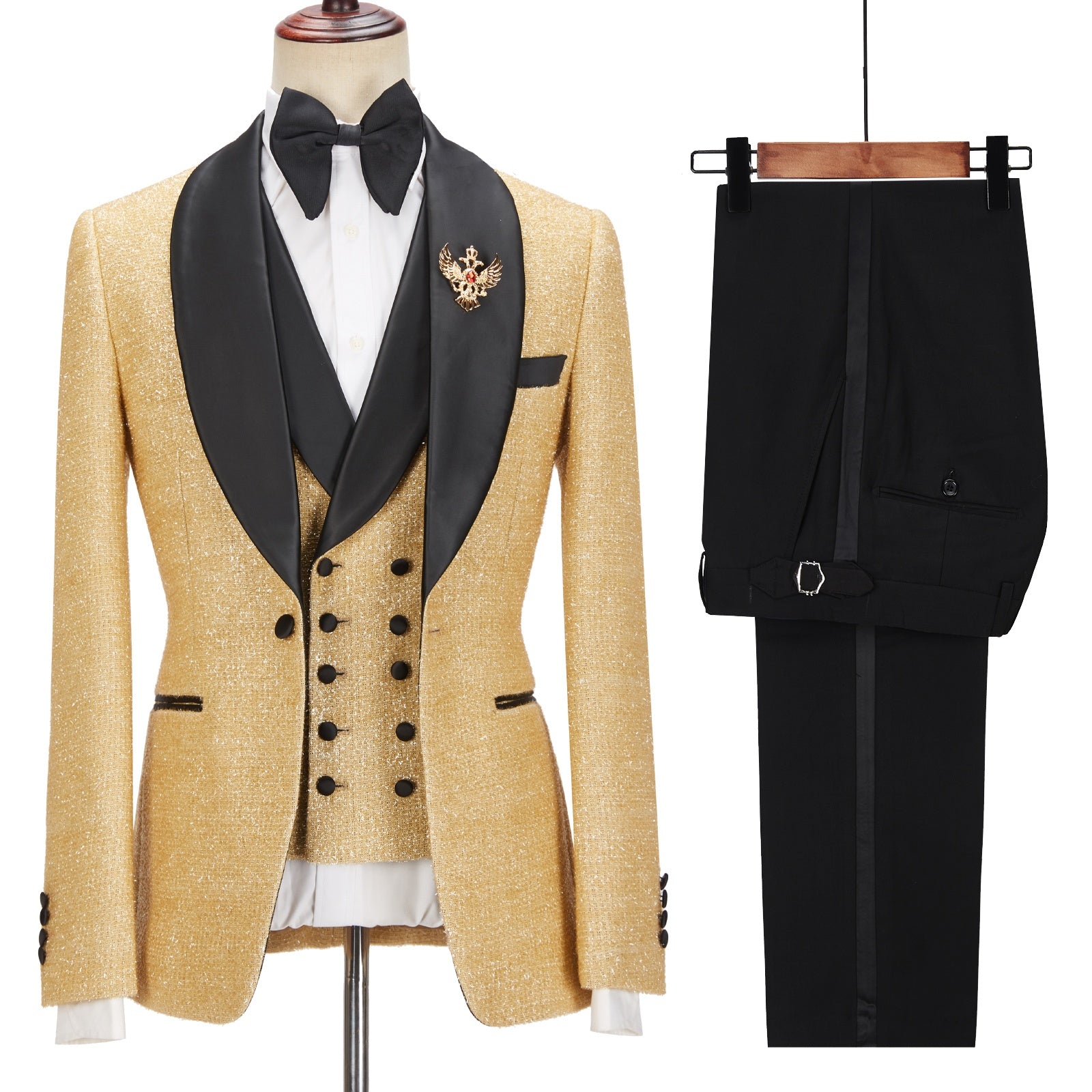 Glamorous Gold Three Pieces Sequins Prom Suits With Black Lapel