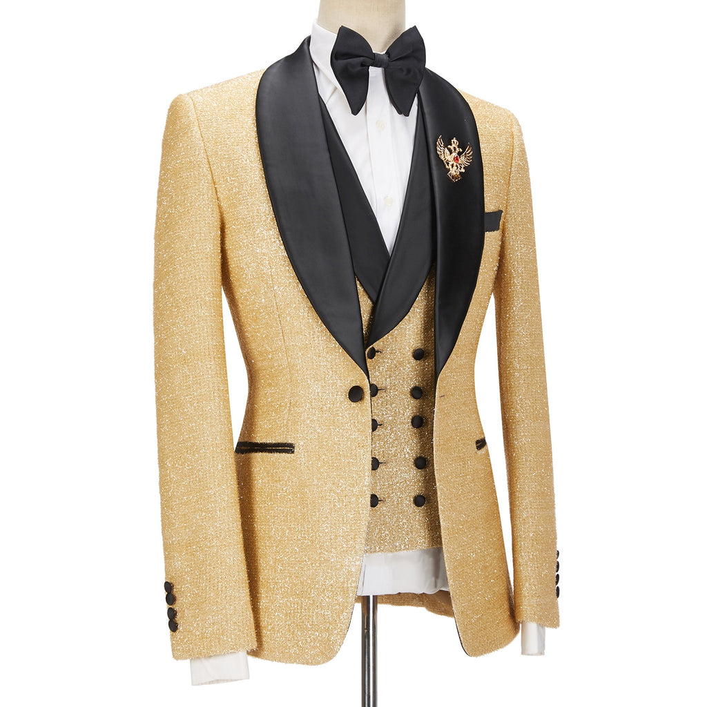 Glamorous Gold Three Pieces Sequins Prom Suits With Black Lapel