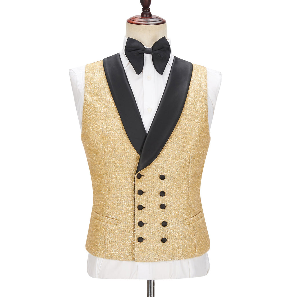 Glamorous Gold Three Pieces Sequins Prom Suits With Black Lapel