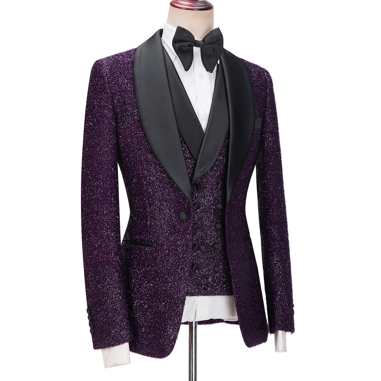 Exquisite Dark Purple Three Pieces Sequins Prom Suits