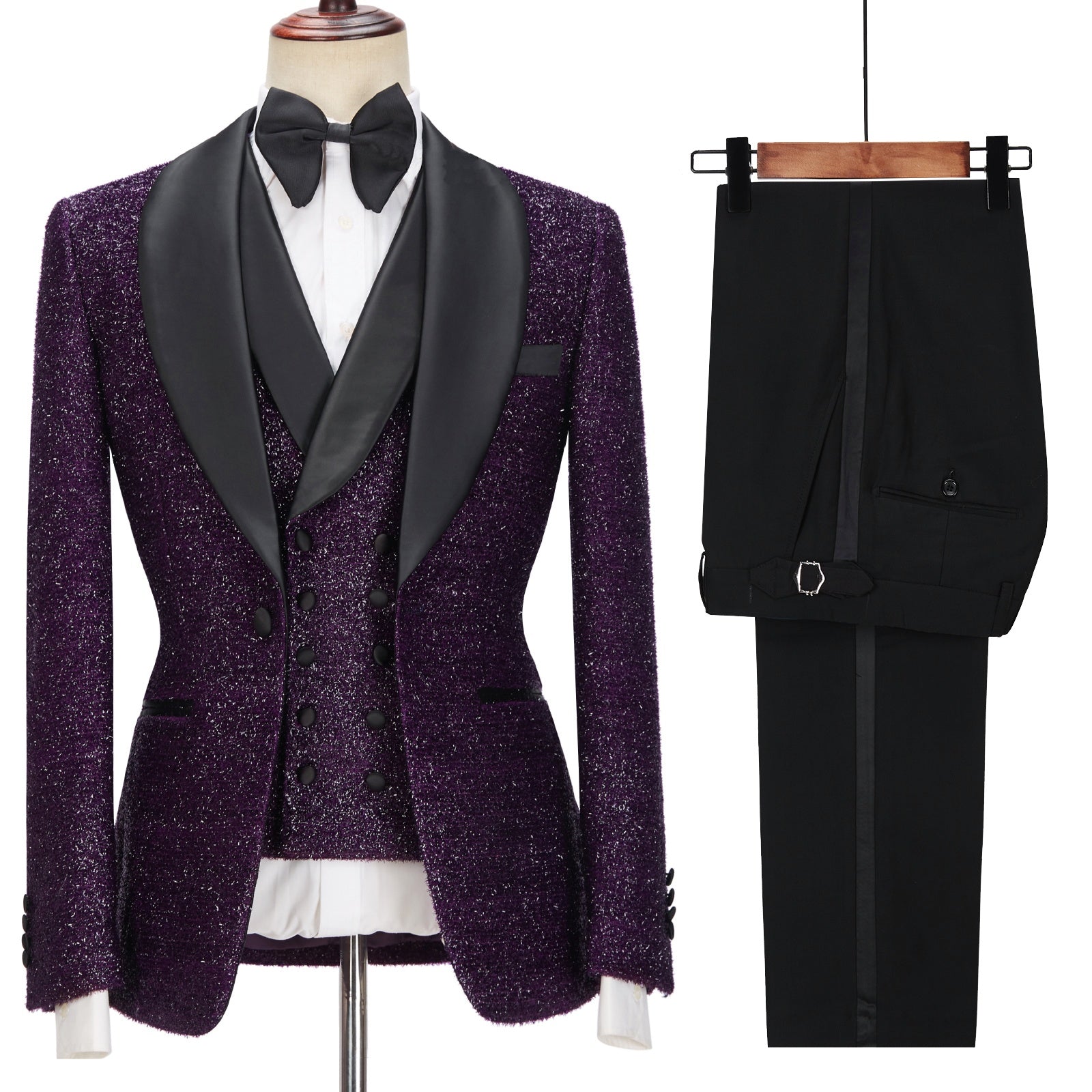 Exquisite Dark Purple Three Pieces Sequins Prom Suits