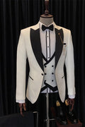 Wonderful White Jacquard Three Pieces Peaked Lapel Men's Prom Suits