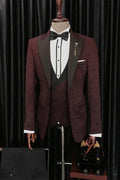 Mild Burgundy Jacquard Three Pieces Peaked Lapel Prom Suits