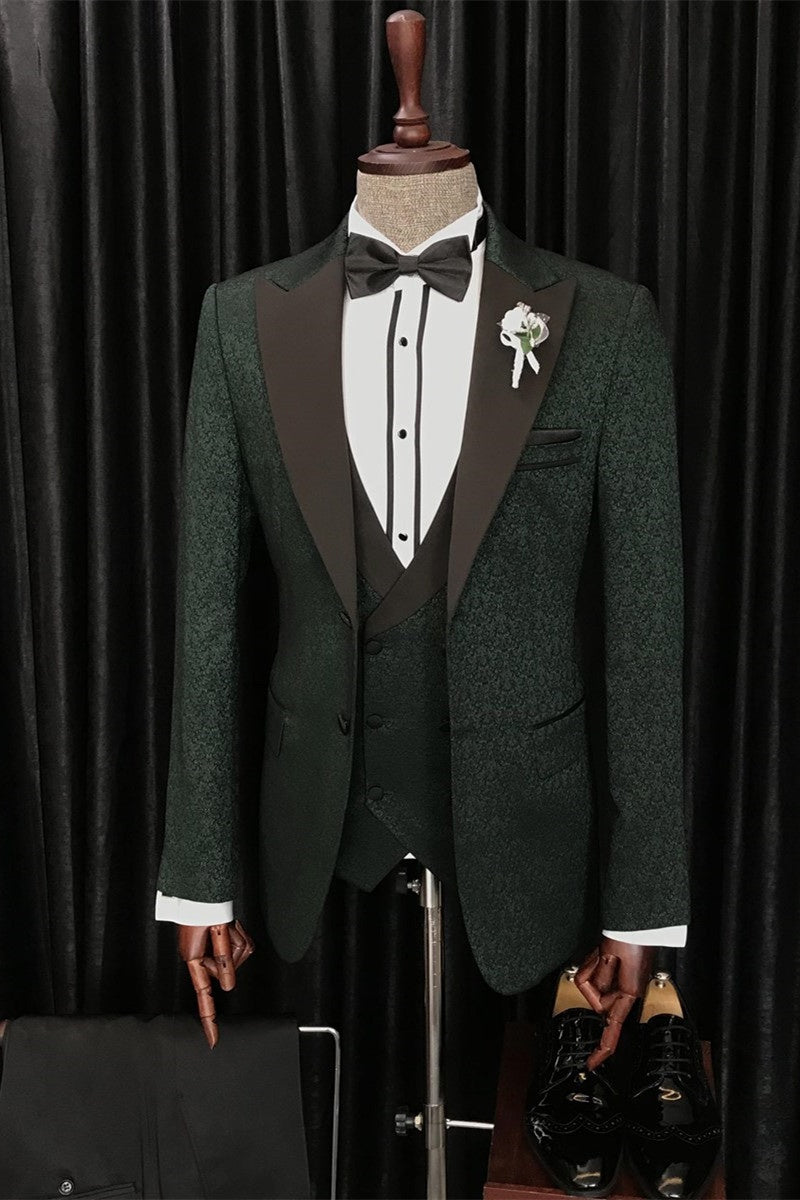 Gorgeous Dark Green 3 Pieces Jacquard Prom Suits With Vest