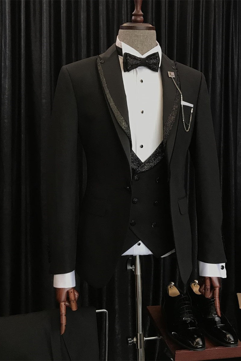 Gentle Black 3 Pieces Prom Suits With Sparkle Black Peaked Lapel