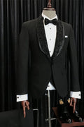 Handsome Black 3 Pieces Slim Fit Prom Suits With Jacquard Shawl Lapel