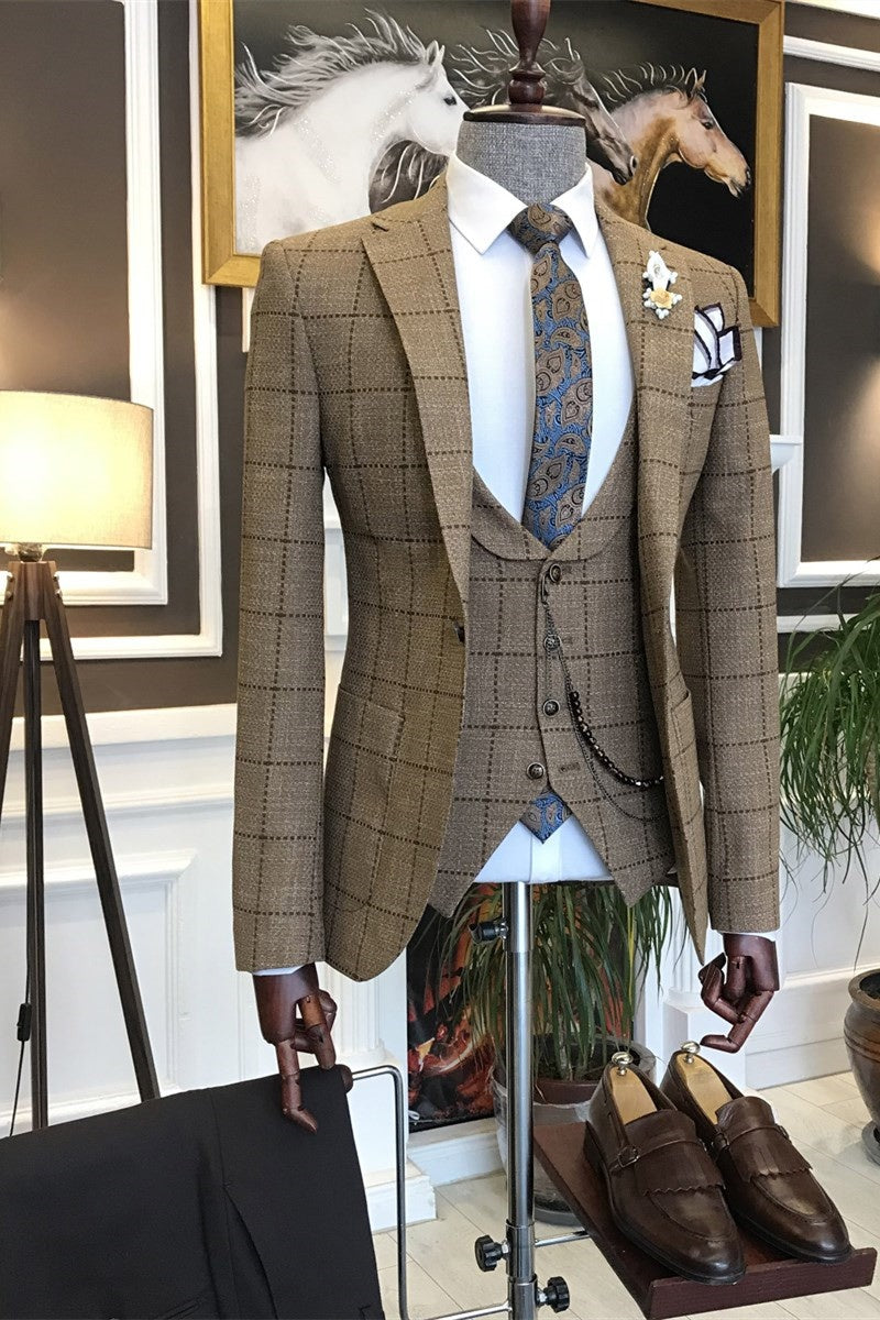 Formal Brown Plaid Notched Lapel 3 Pieces Business Men Suits