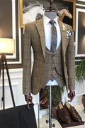 Formal Brown Plaid Notched Lapel 3 Pieces Business Men Suits