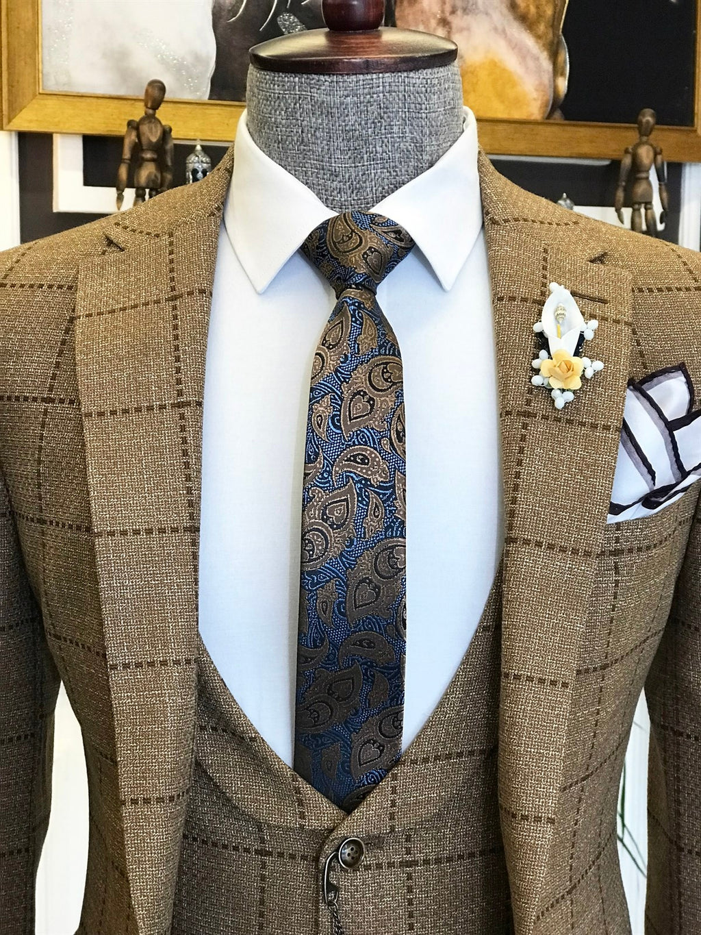 Formal Brown Plaid Notched Lapel 3 Pieces Business Men Suits