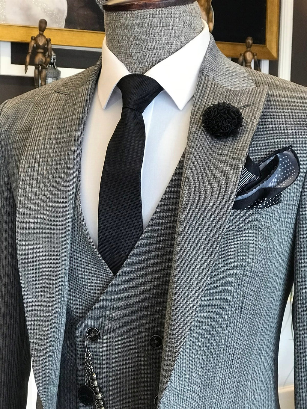 Fancy Gray Pinstriped Three Pieces Best Fitted Business Suits