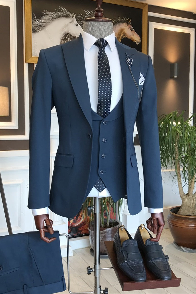 Stylish Navy Three Pieces Slim Fit Business Suits With Vest