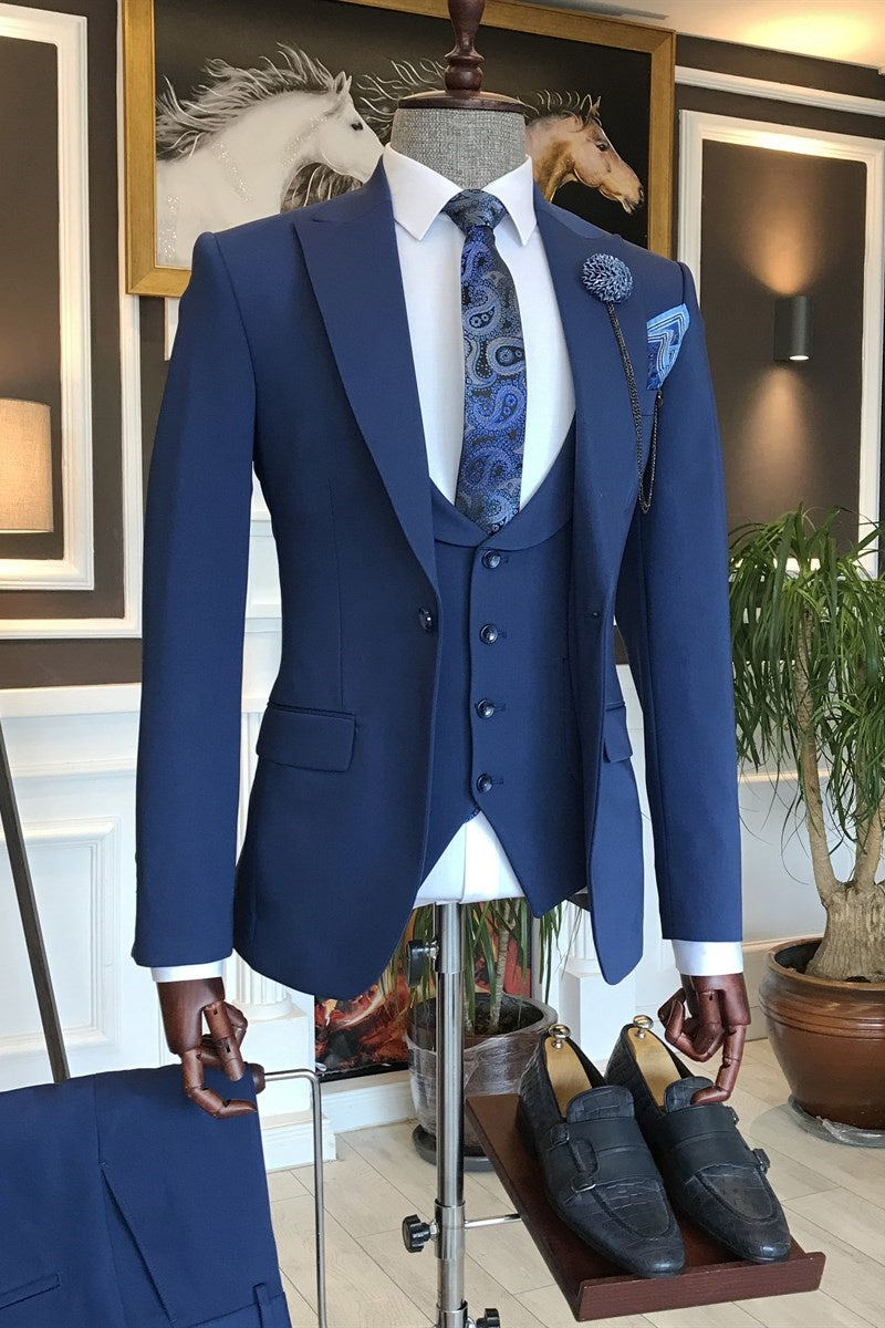 Elegant Dark Blue Three Pieces Close Fitting Business Suits