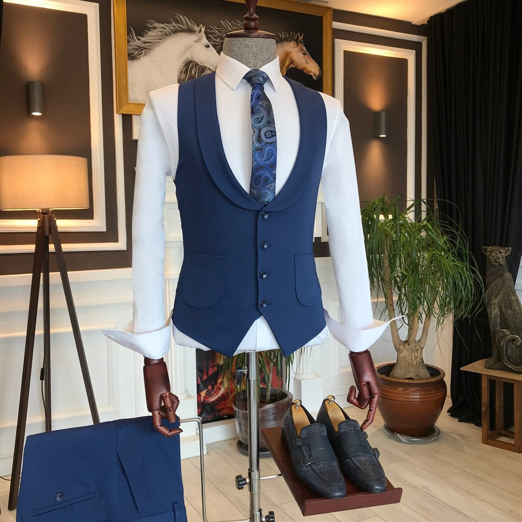 Elegant Dark Blue Three Pieces Close Fitting Business Suits
