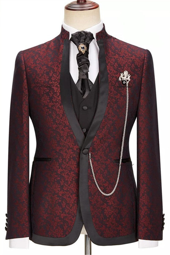 Charming Burgundy Jacquard Three Pieces Stand-up Collar Wedding Suits