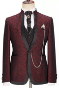 Charming Burgundy Jacquard Three Pieces Stand-up Collar Wedding Suits
