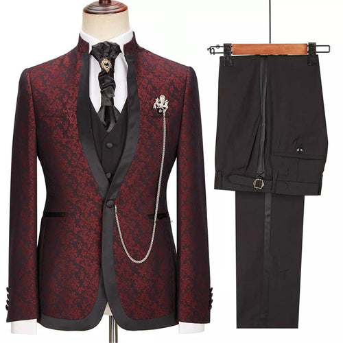 Charming Burgundy Jacquard Three Pieces Stand-up Collar Wedding Suits